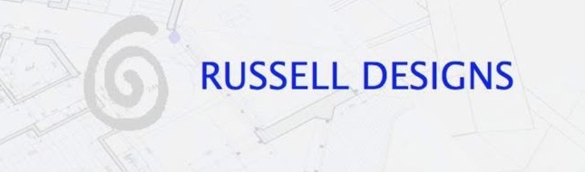 Russell Designs logo on architectural plan background